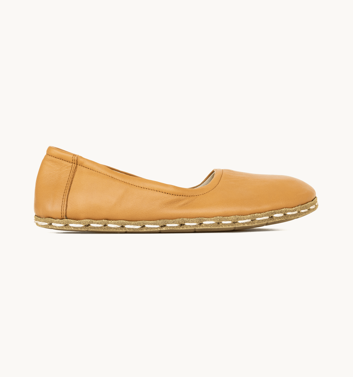 Sunset women's barefoot leather ballet flat, side view — hand-stitched, zero drop