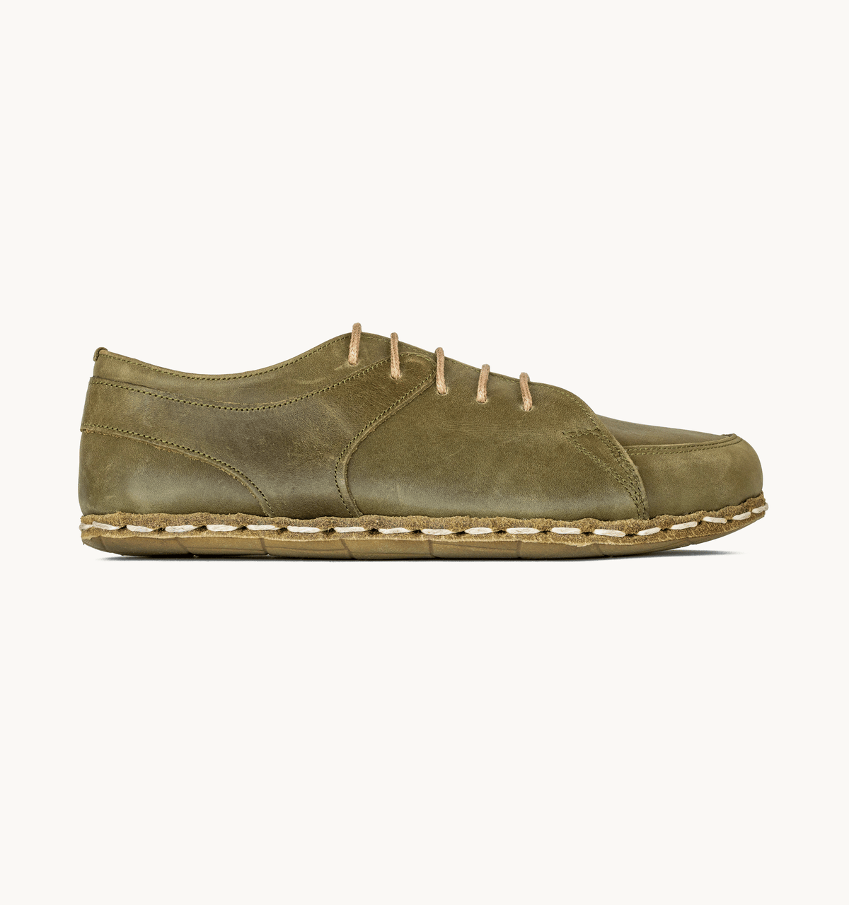 Olive women's barefoot leather sneaker, side view — hand-stitched, zero drop