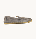 Ashen women's barefoot leather moccasin, side view — hand-stitched, zero drop