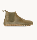 Olive women's barefoot leather chelsea boot, side view — hand-stitched, zero drop