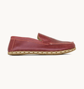 Burgundy women's barefoot leather moccasin, side view — hand-stitched, zero drop