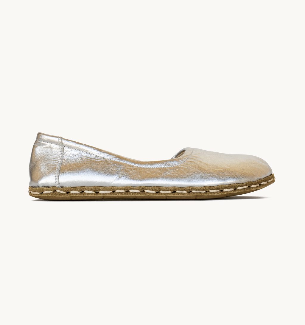 Moonlight women's barefoot leather ballet flat, side view — hand-stitched, zero drop