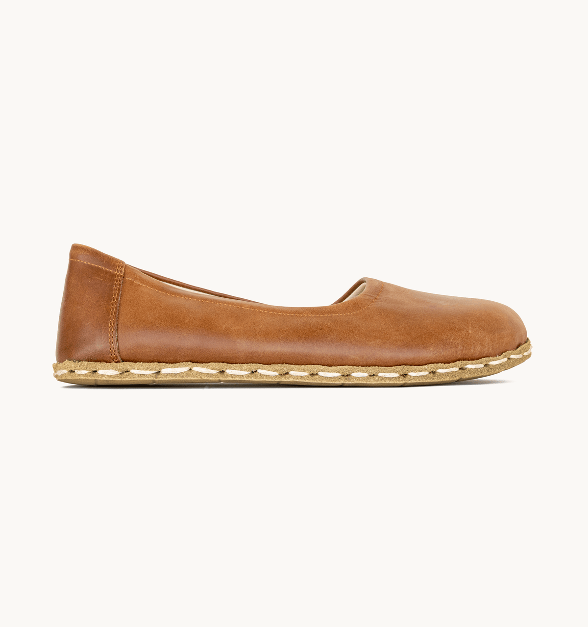 Umber women's barefoot leather ballet flat, side view — hand-stitched, zero drop