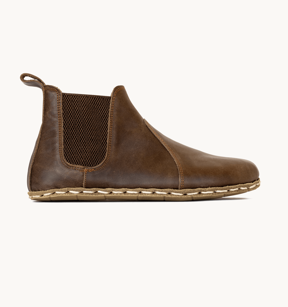 Earth men's barefoot leather chelsea boot, side view — hand-stitched, zero drop