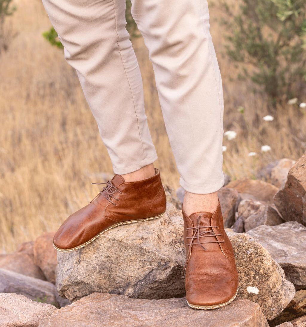 Russet men's barefoot chukka boot — antique-finished calfskin upper, hand-cut