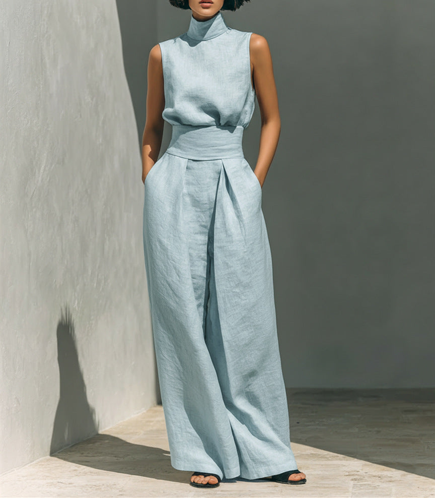 Cotton and linen sleeveless pants casual suit for women