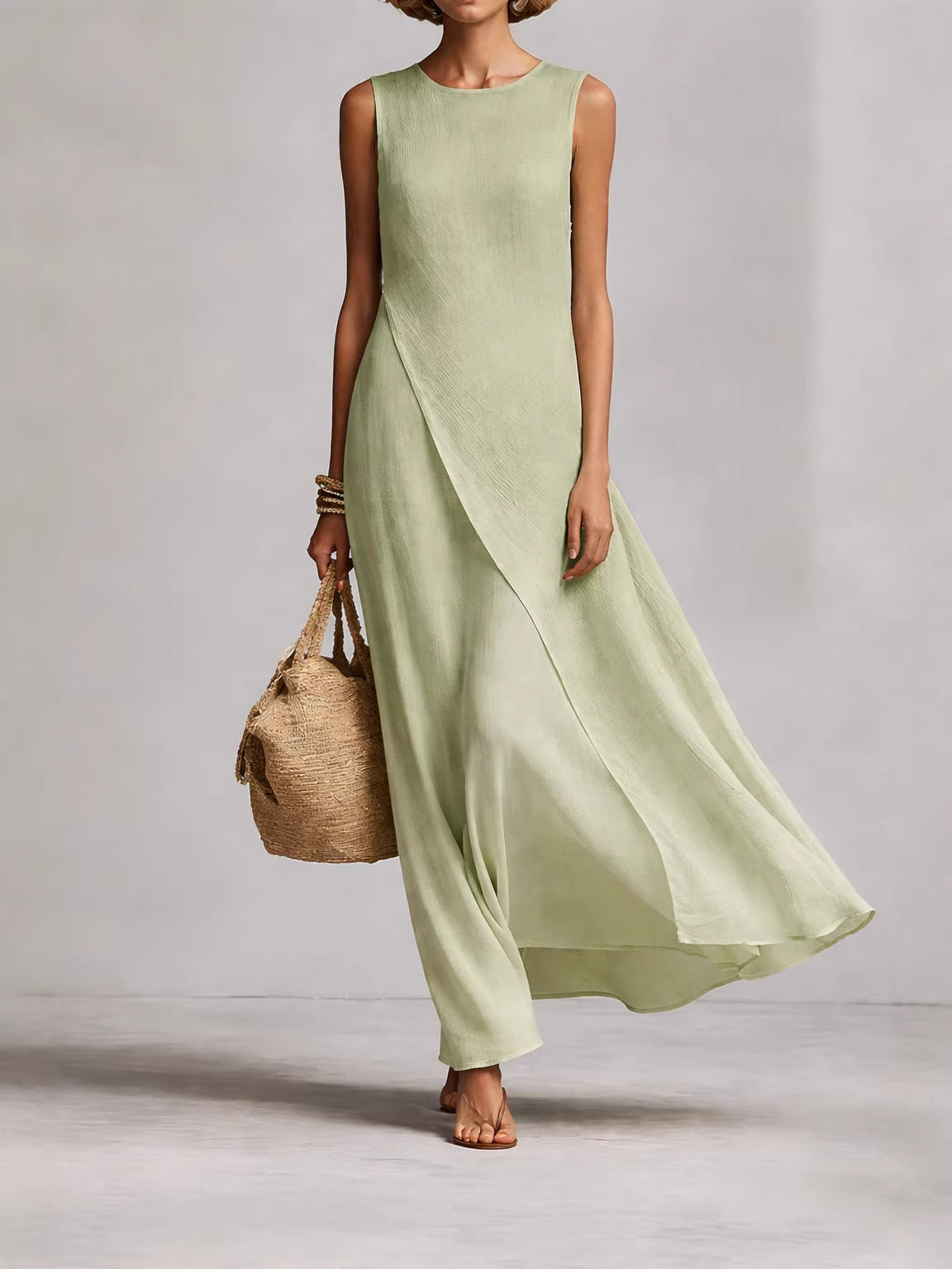 Sleeveless asymmetrical hem cotton linen blend dress