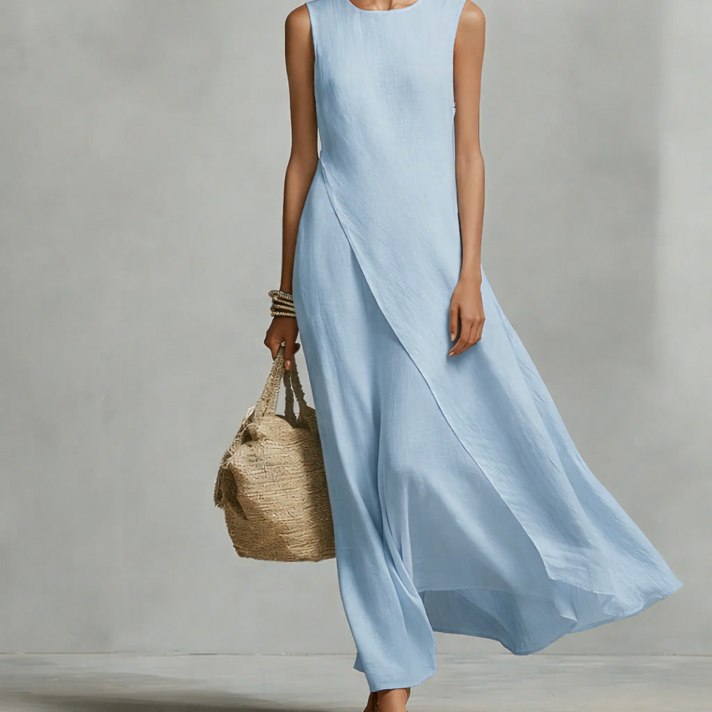 Sleeveless asymmetrical hem cotton linen blend dress