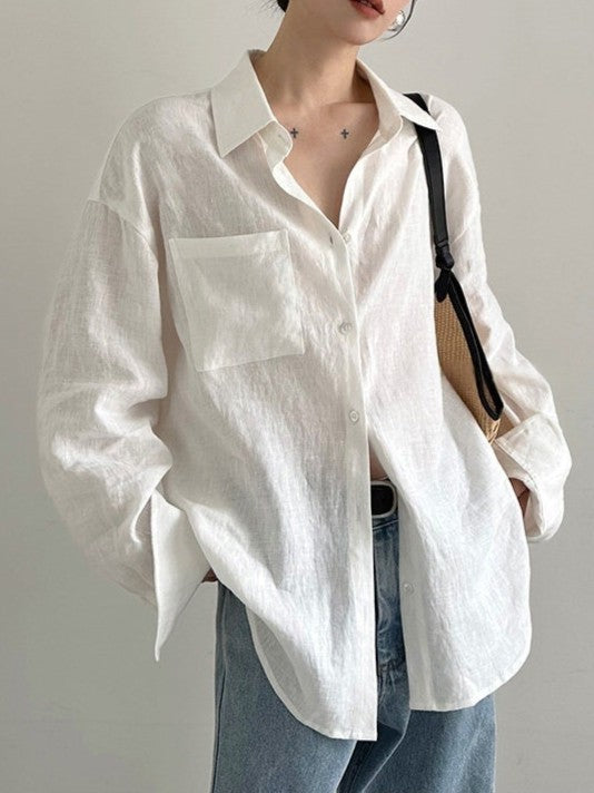 Versatile Loose Relaxed Feel Linen Shirt Top for Women