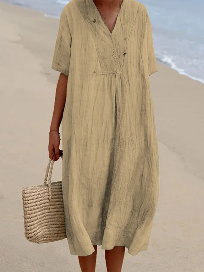 Casual Slimming Pure Color Linen Cotton Dress for Women, Versatile and Fashionable