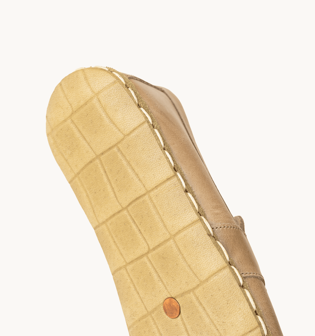 Sand barefoot penny loafer for men — buffalo leather sole with copper grounding rivet