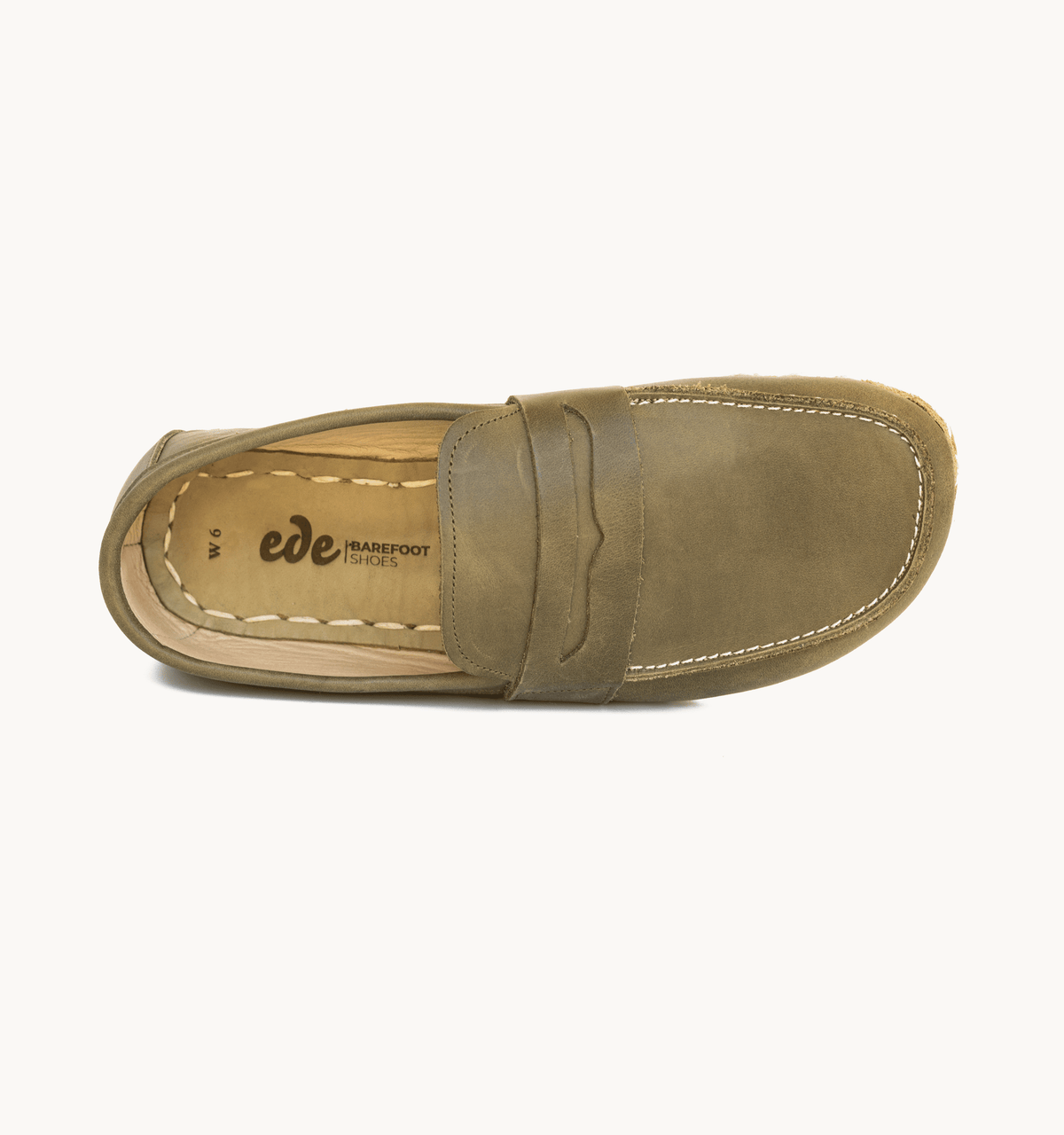 Olive women's barefoot leather penny loafer, side view — hand-stitched, zero drop