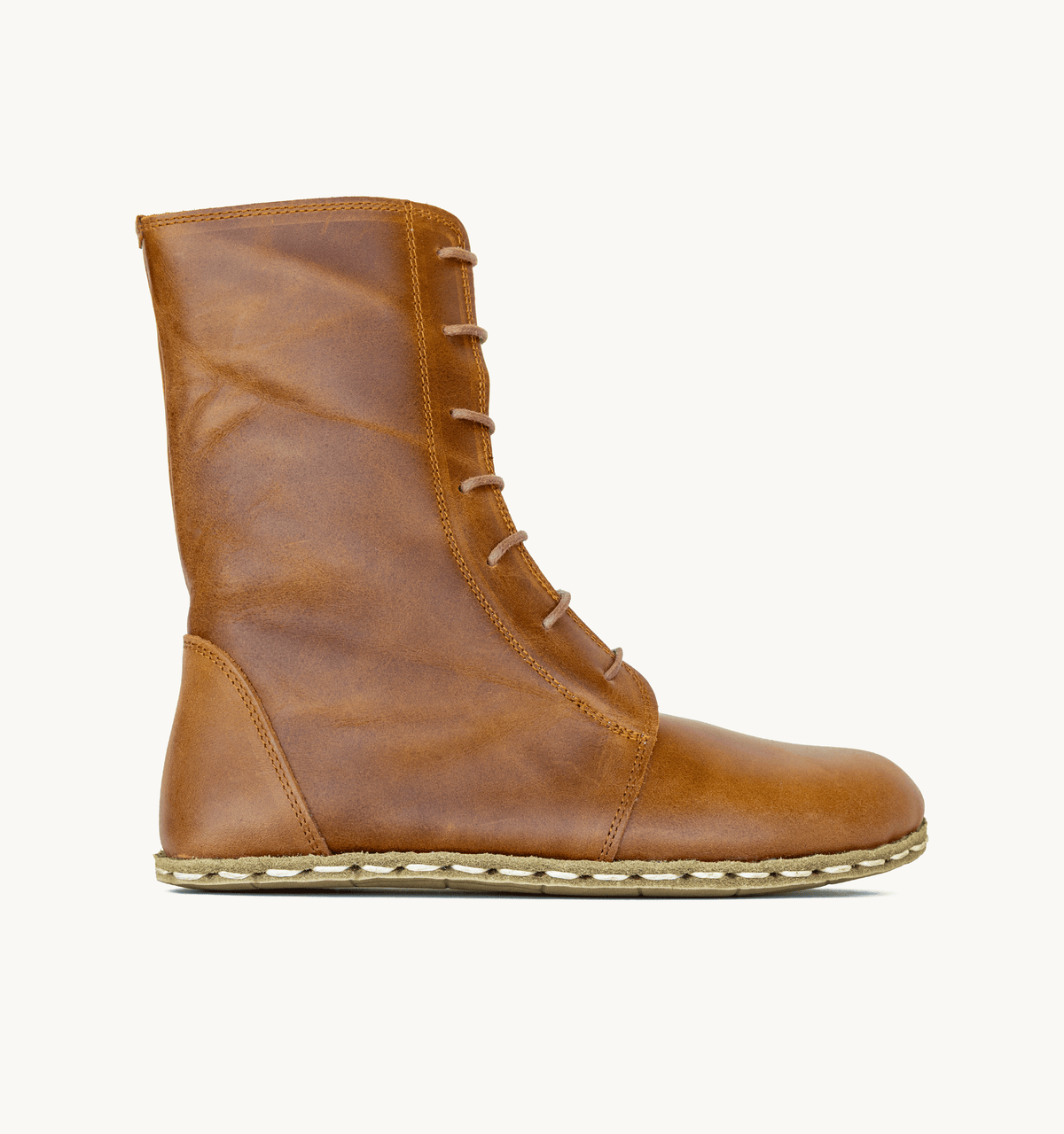 Umber men's barefoot leather ankle boot, side view — hand-stitched, zero drop