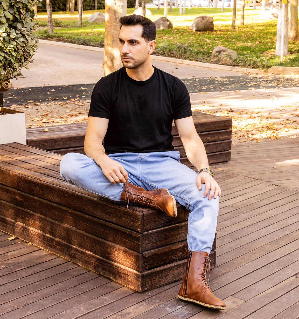 Umber barefoot ankle boot for men — buffalo leather sole with copper grounding rivet