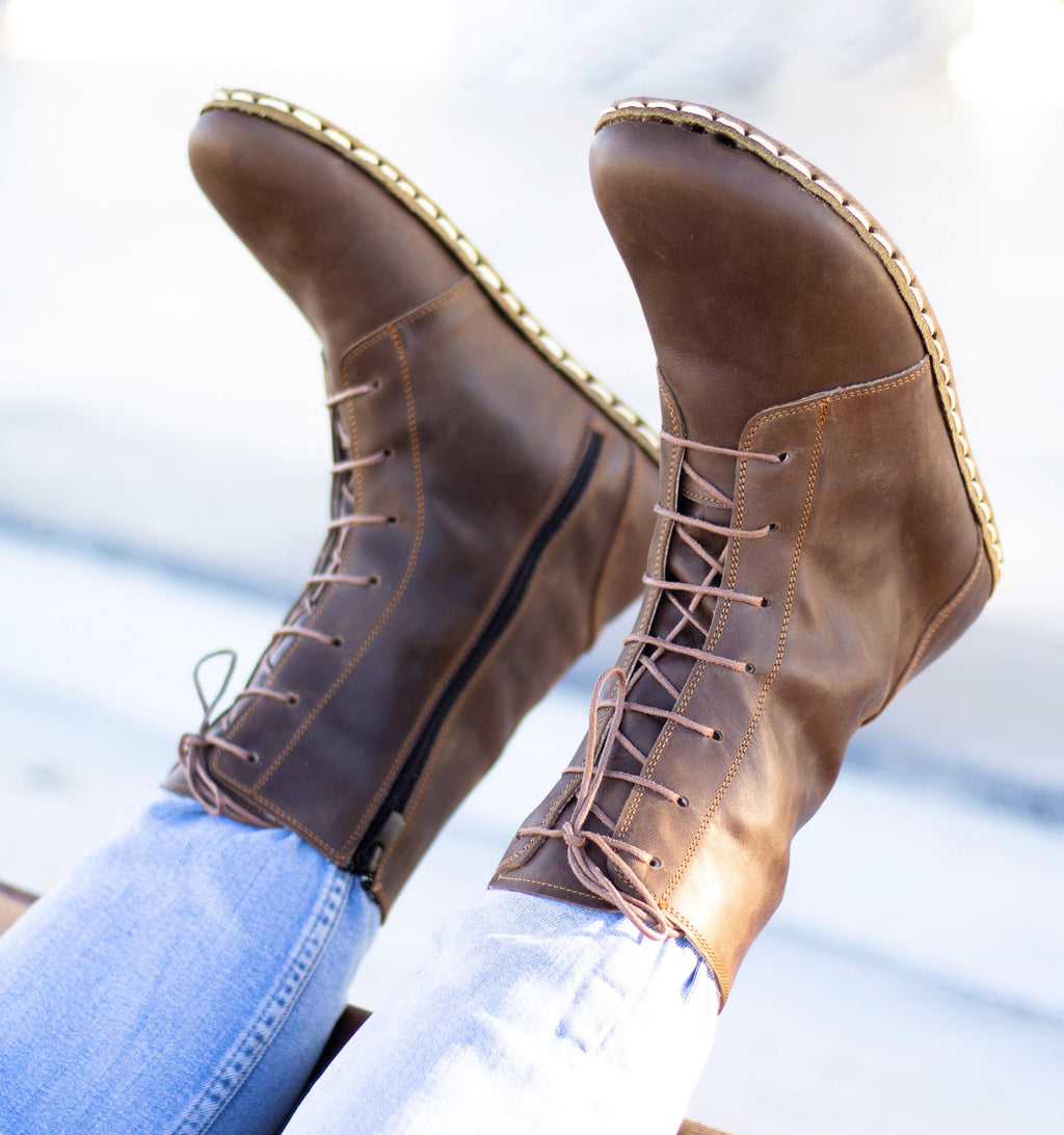 Earth men's barefoot ankle boot — pull-up crazy calfskin upper, hand-cut