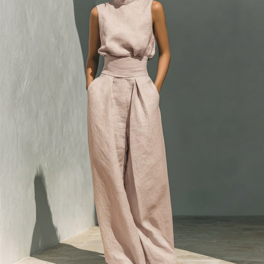 Cotton and linen sleeveless pants casual suit for women