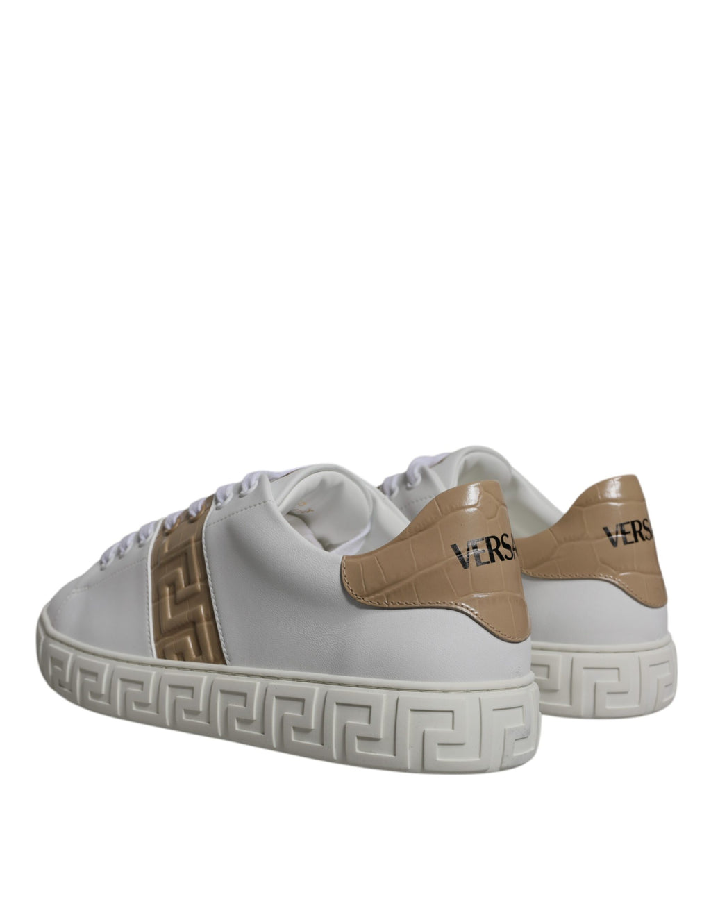 Versace White Brown Greca Print TPU Low Top Men's Sneakers Shoes