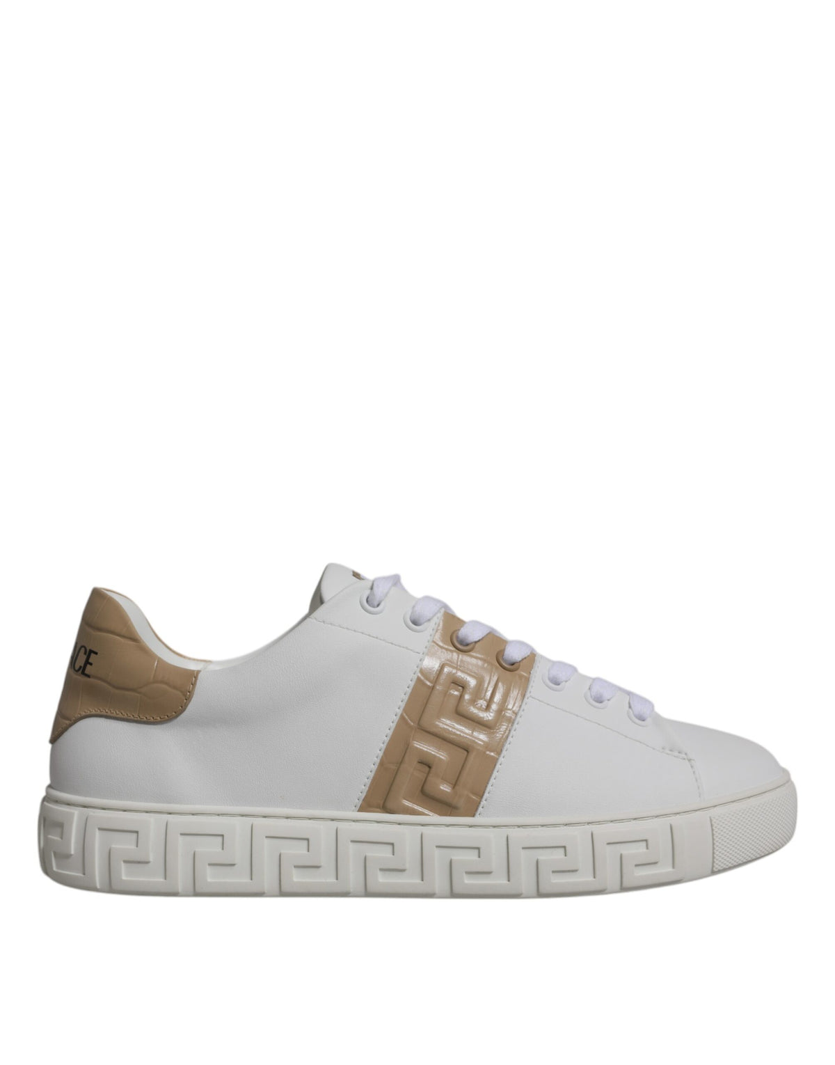 Versace White Brown Greca Print TPU Low Top Men's Sneakers Shoes