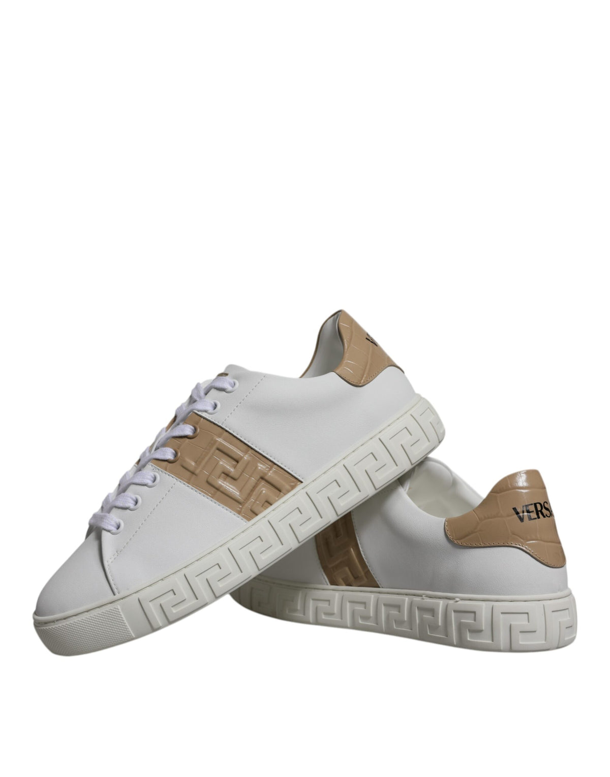 Versace White Brown Greca Print TPU Low Top Men's Sneakers Shoes