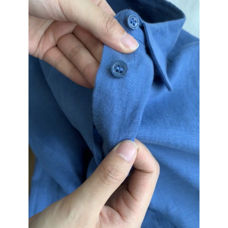 French Blue Linen Shirt for Women, Summer Lightweight Loose Vintage-Style Linen Blouse, Long Sleeve Sun Protection Cotton-Linen Top