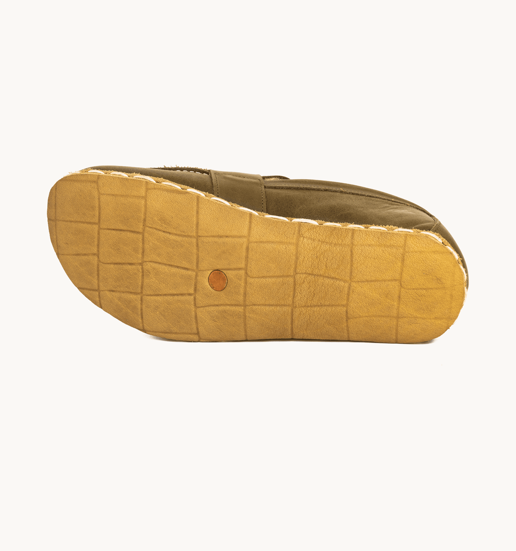 Olive women's penny loafer — wide toe box, zero-drop barefoot last
