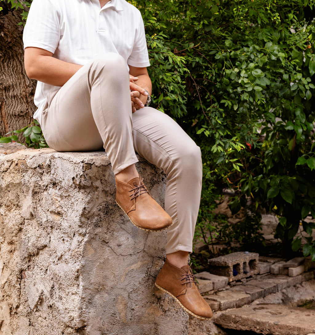 Hickory barefoot chukka boot for men — buffalo leather sole with copper grounding rivet