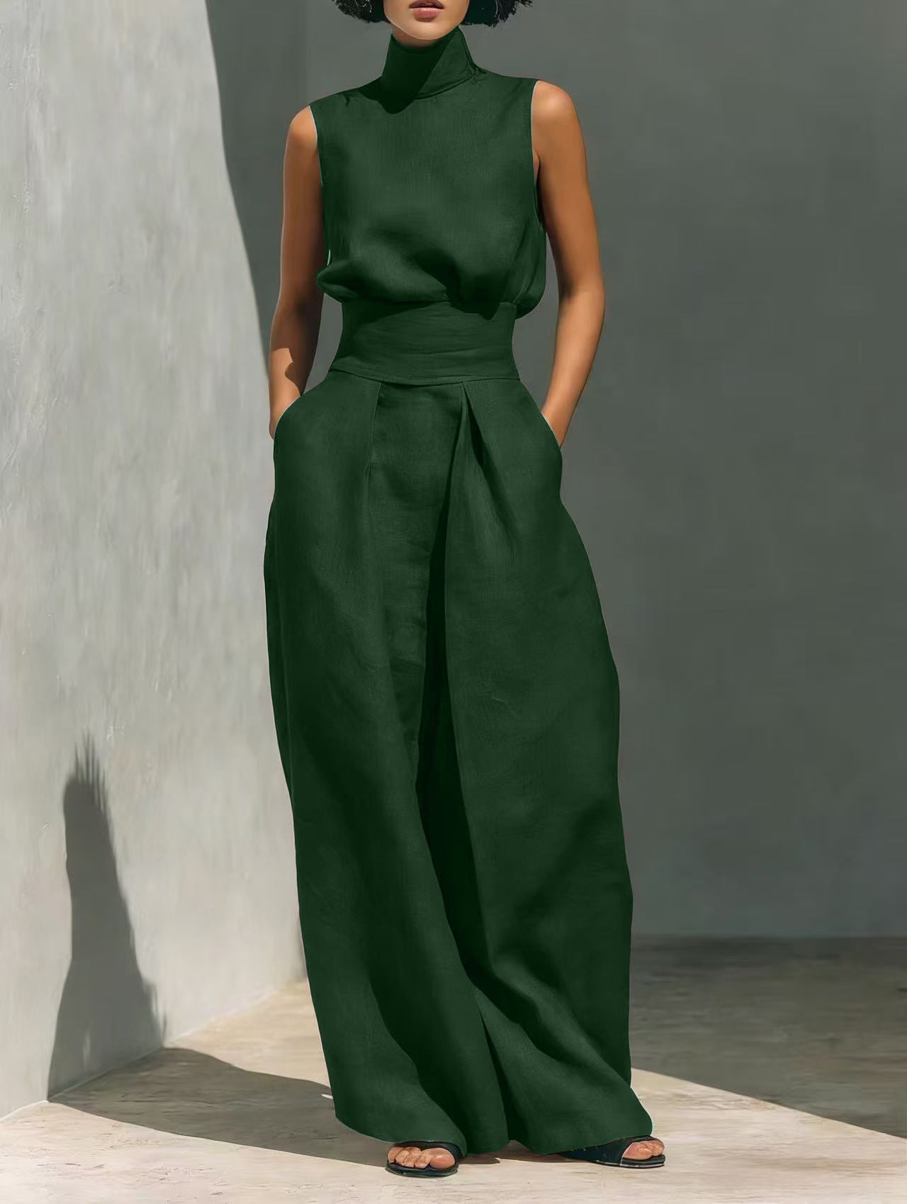 Cotton and linen sleeveless pants casual suit for women