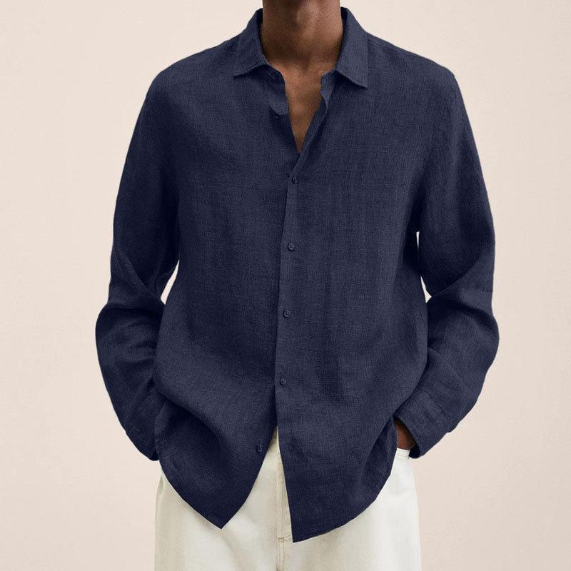 Casual Long Sleeve V-Neck Loose Button-Up Linen Cotton Shirt for Men
