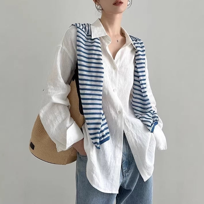 Versatile Loose Relaxed Feel Linen Shirt Top for Women