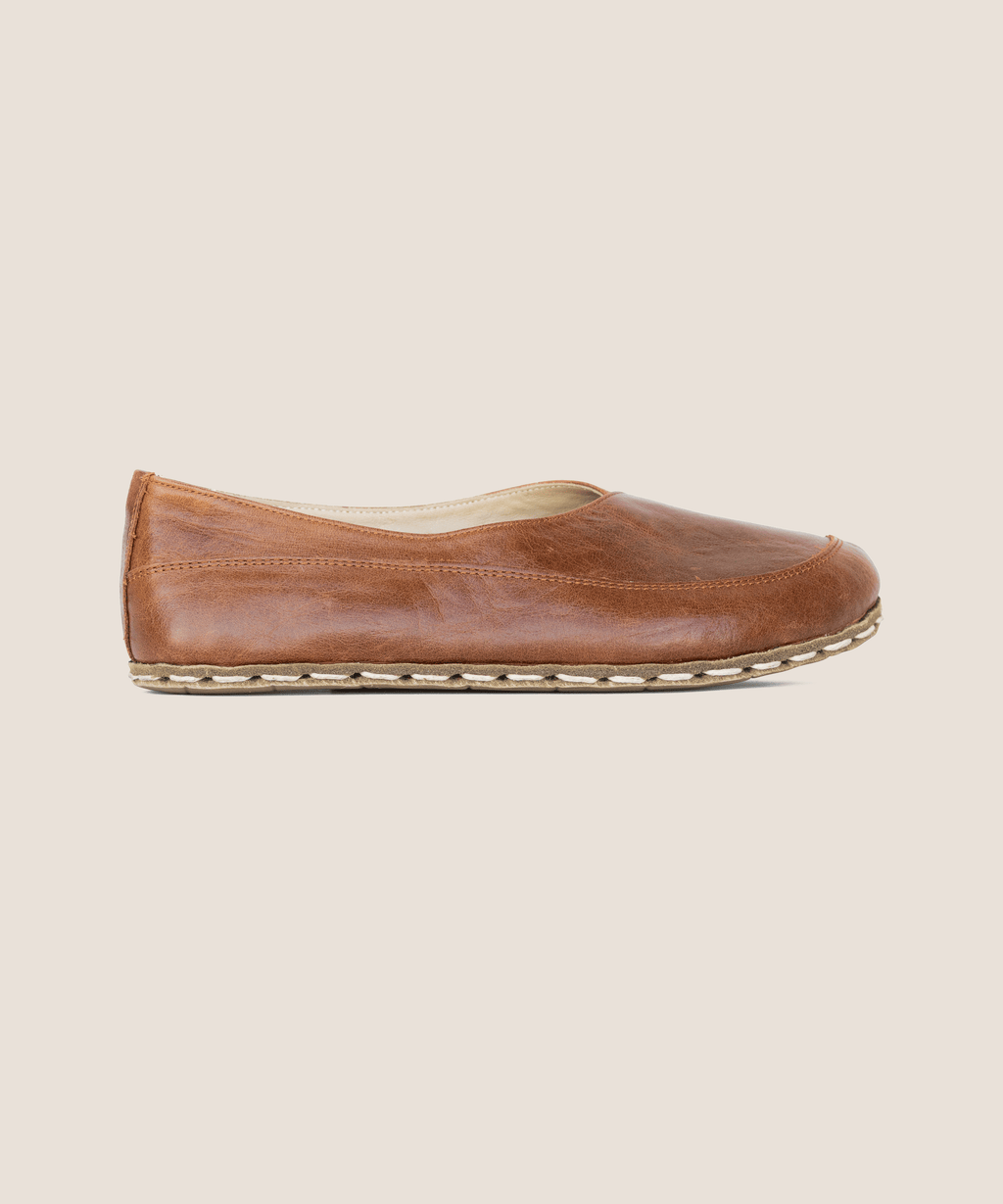 Russet barefoot flat for women — buffalo leather sole with copper grounding rivet