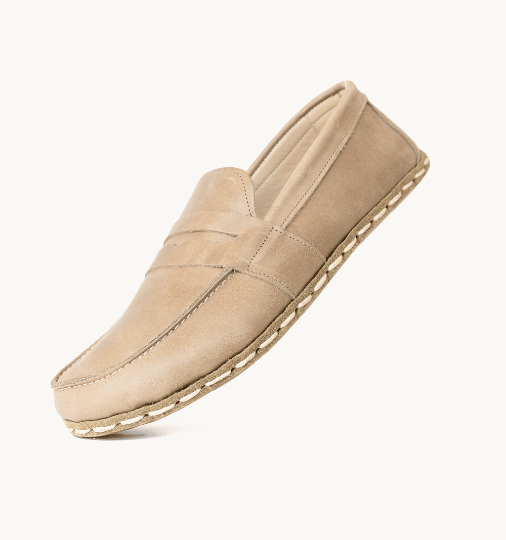 Sand men's barefoot penny loafer — smooth full-grain calfskin upper, hand-cut