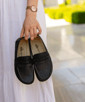 Raven Black barefoot penny loafer for women — buffalo leather sole with copper grounding rivet