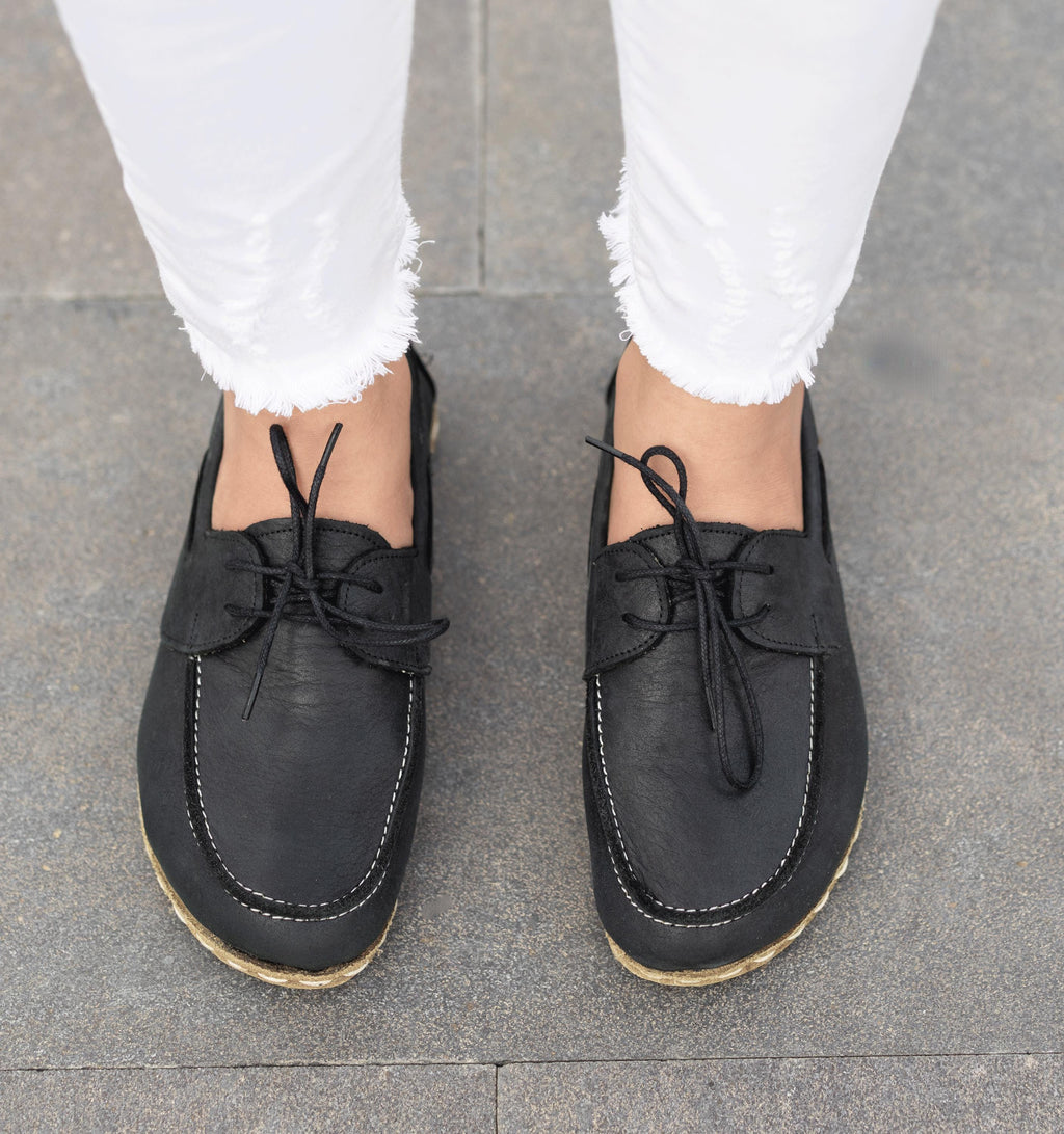 Raven Black women's boat shoe — wide toe box, zero-drop barefoot last