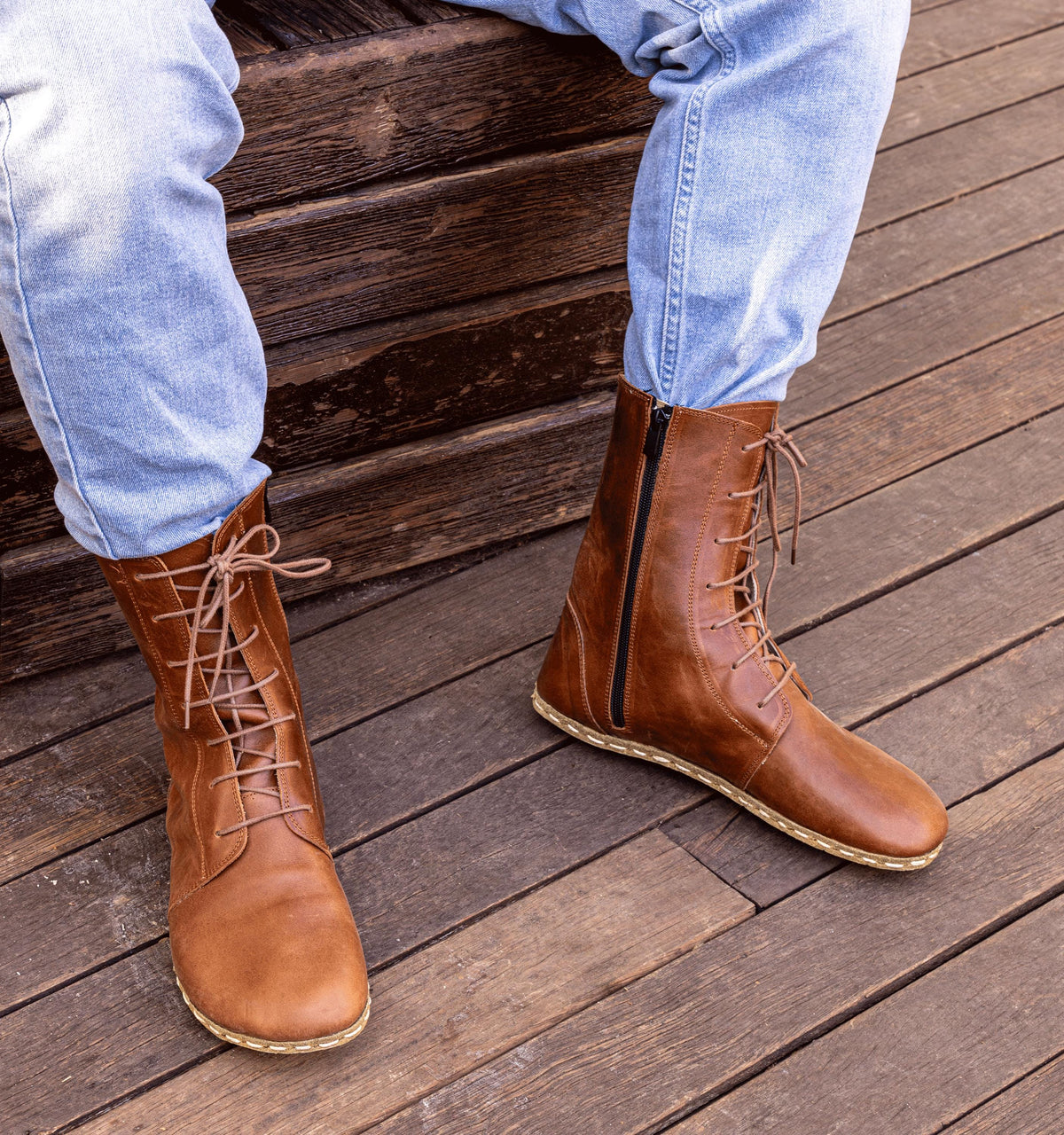 Umber men's barefoot ankle boot — smooth full-grain calfskin upper, hand-cut