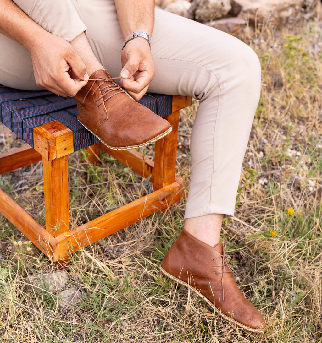 Russet barefoot chukka boot for men — buffalo leather sole with copper grounding rivet