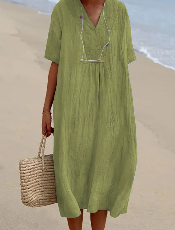 Casual Slimming Pure Color Linen Cotton Dress for Women, Versatile and Fashionable