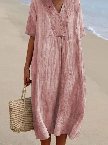 Casual Slimming Pure Color Linen Cotton Dress for Women, Versatile and Fashionable