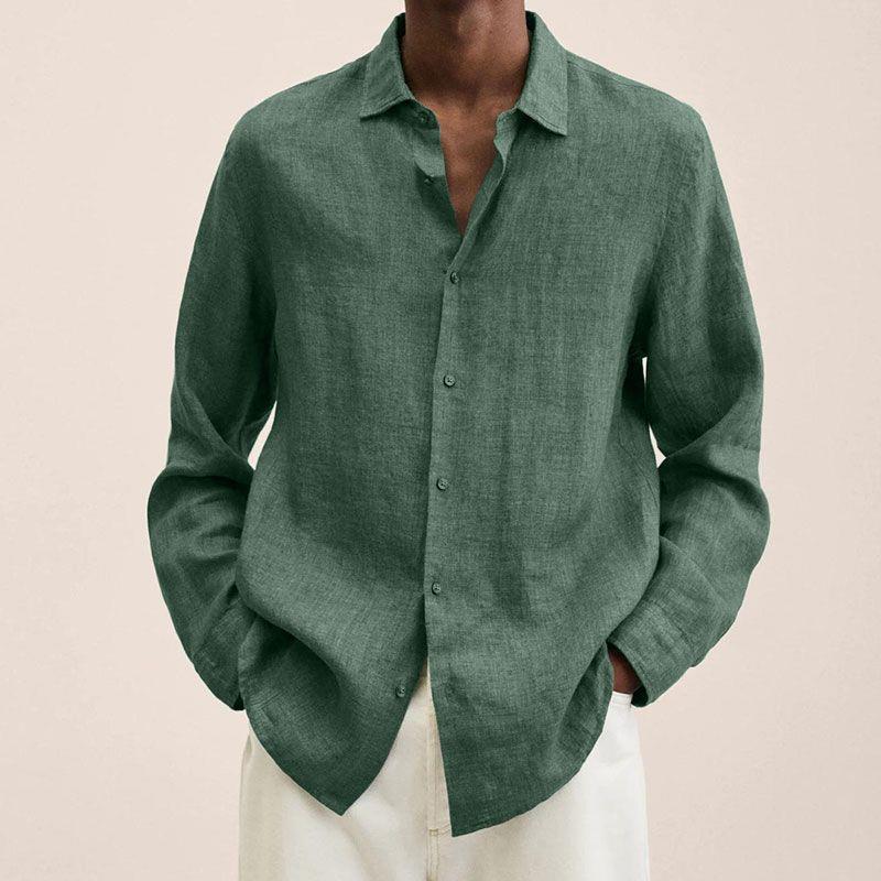 Casual Long Sleeve V-Neck Loose Button-Up Linen Cotton Shirt for Men