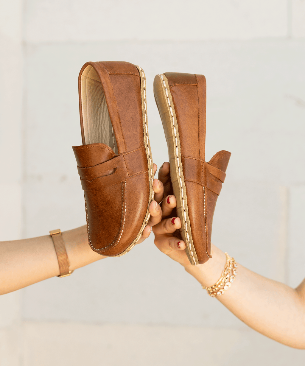 Russet barefoot penny loafer for women — buffalo leather sole with copper grounding rivet