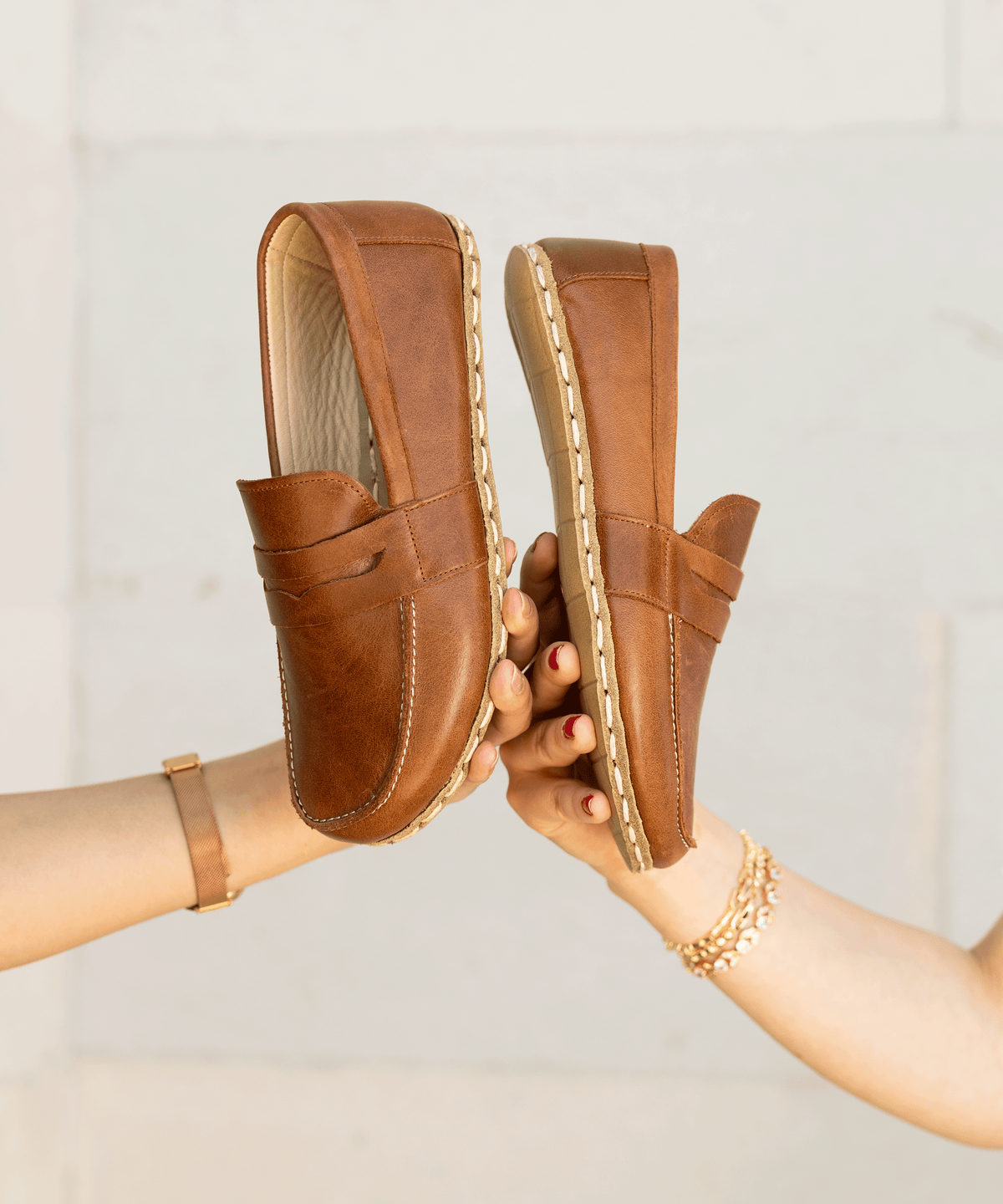 Russet barefoot penny loafer for women — buffalo leather sole with copper grounding rivet