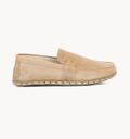 Sand men's barefoot leather penny loafer held in hand, sole and stitch detail