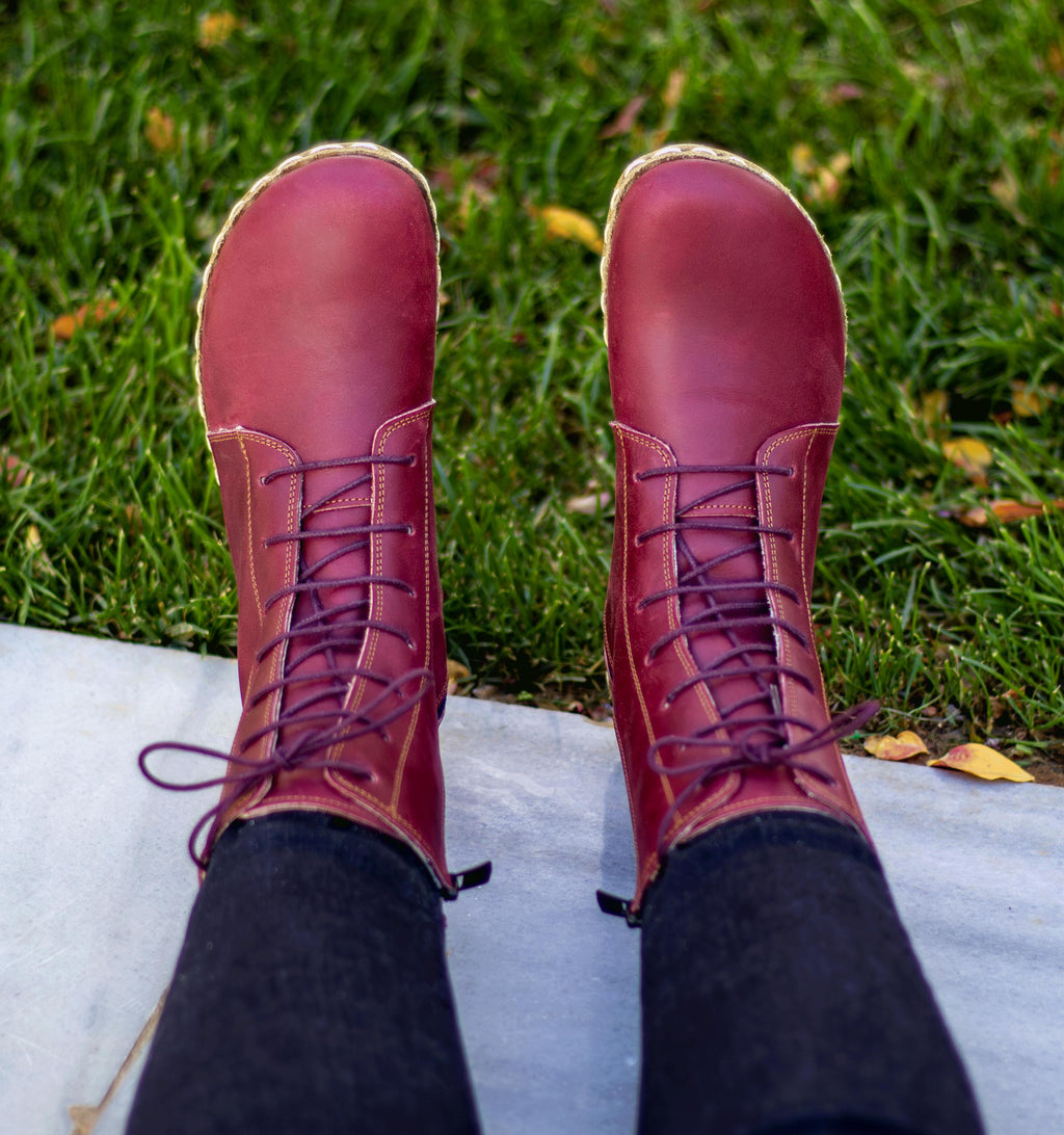 Burgundy women's ankle boot — wide toe box, zero-drop barefoot last