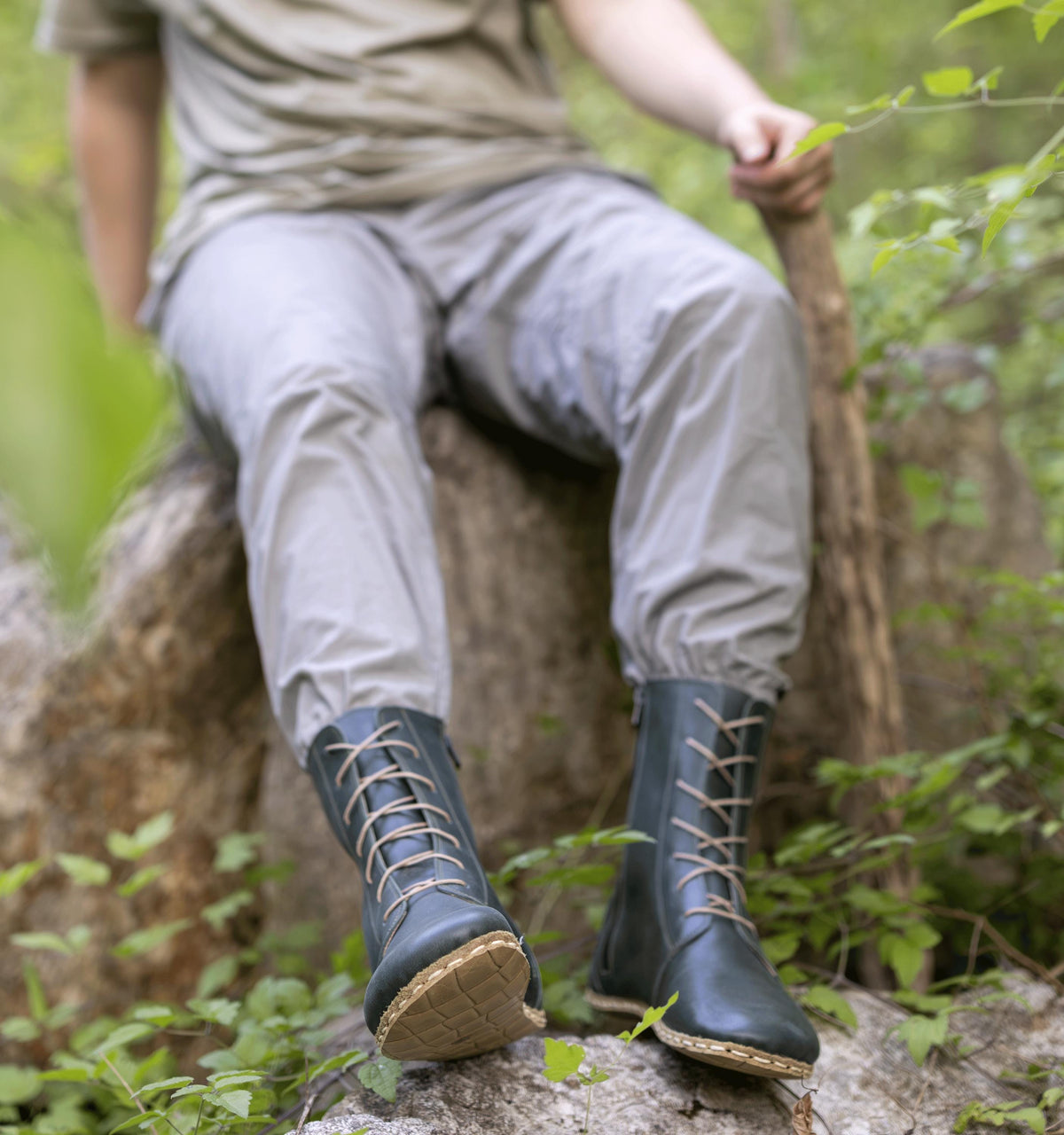 Evergreen barefoot ankle boot for men — buffalo leather sole with copper grounding rivet