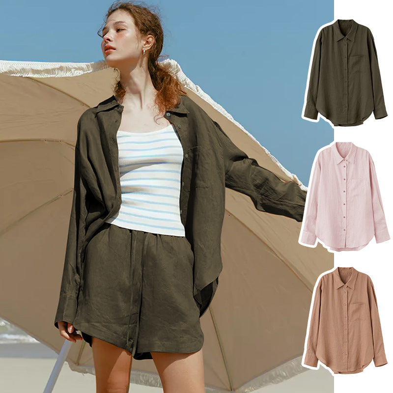 Cotton Linen Long Sleeve Sunscreen Shirt Loose Fit Casual Top for Women Summer Tencel Linen Blouse