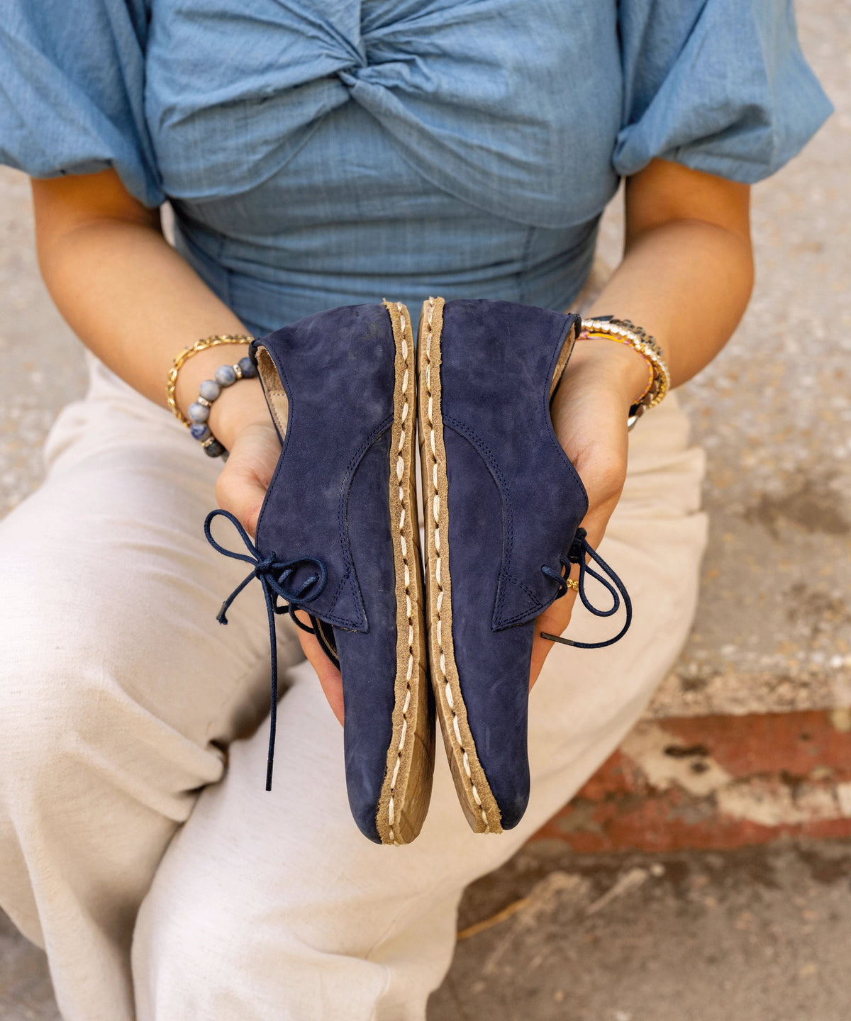Navy barefoot oxford for women — buffalo leather sole with copper grounding rivet