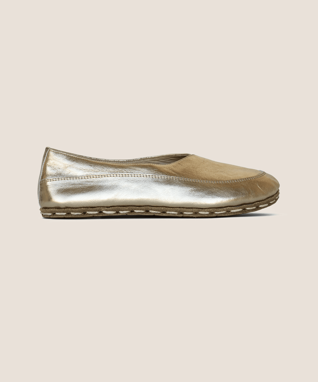 Harvest Gold barefoot flat for women — buffalo leather sole with copper grounding rivet