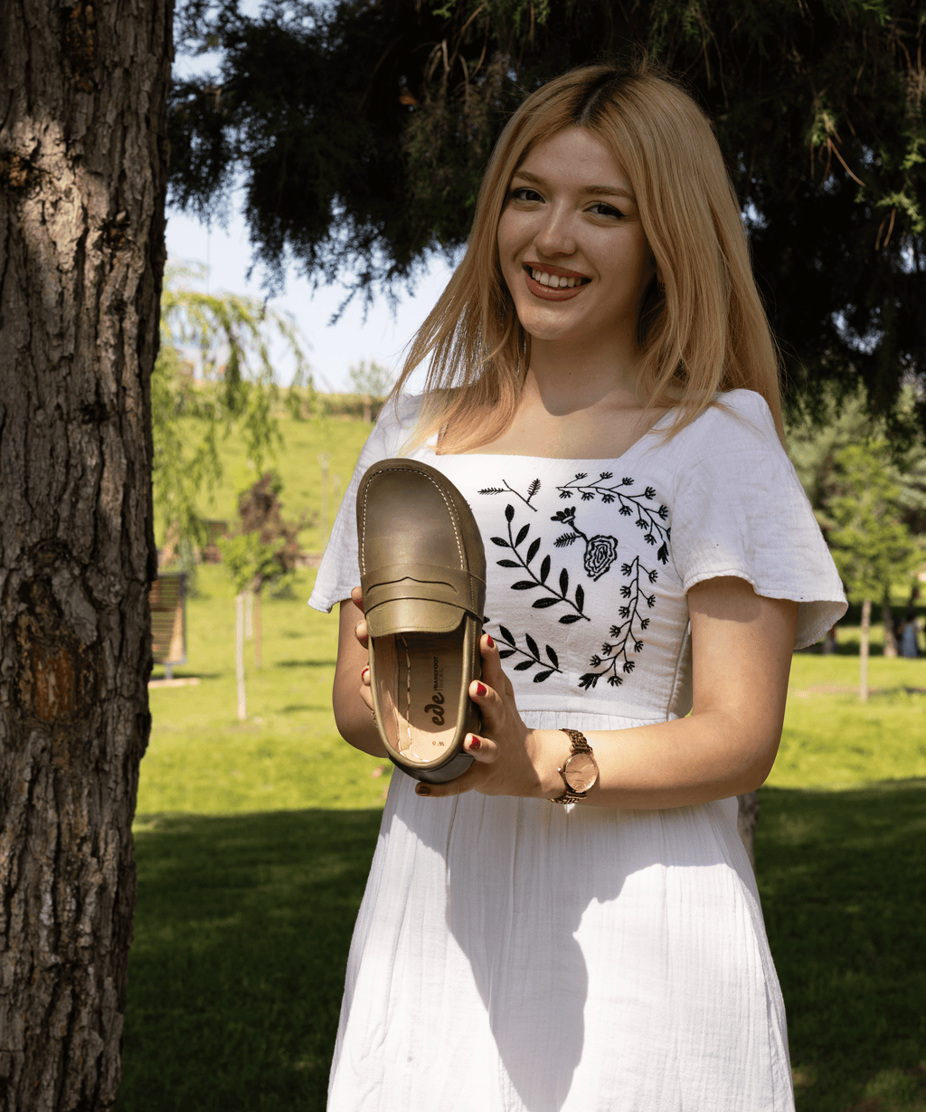 Olive barefoot penny loafer for women — buffalo leather sole with copper grounding rivet