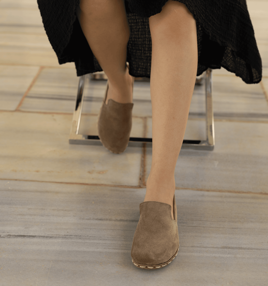 Beige Dawn barefoot loafer for women — buffalo leather sole with copper grounding rivet