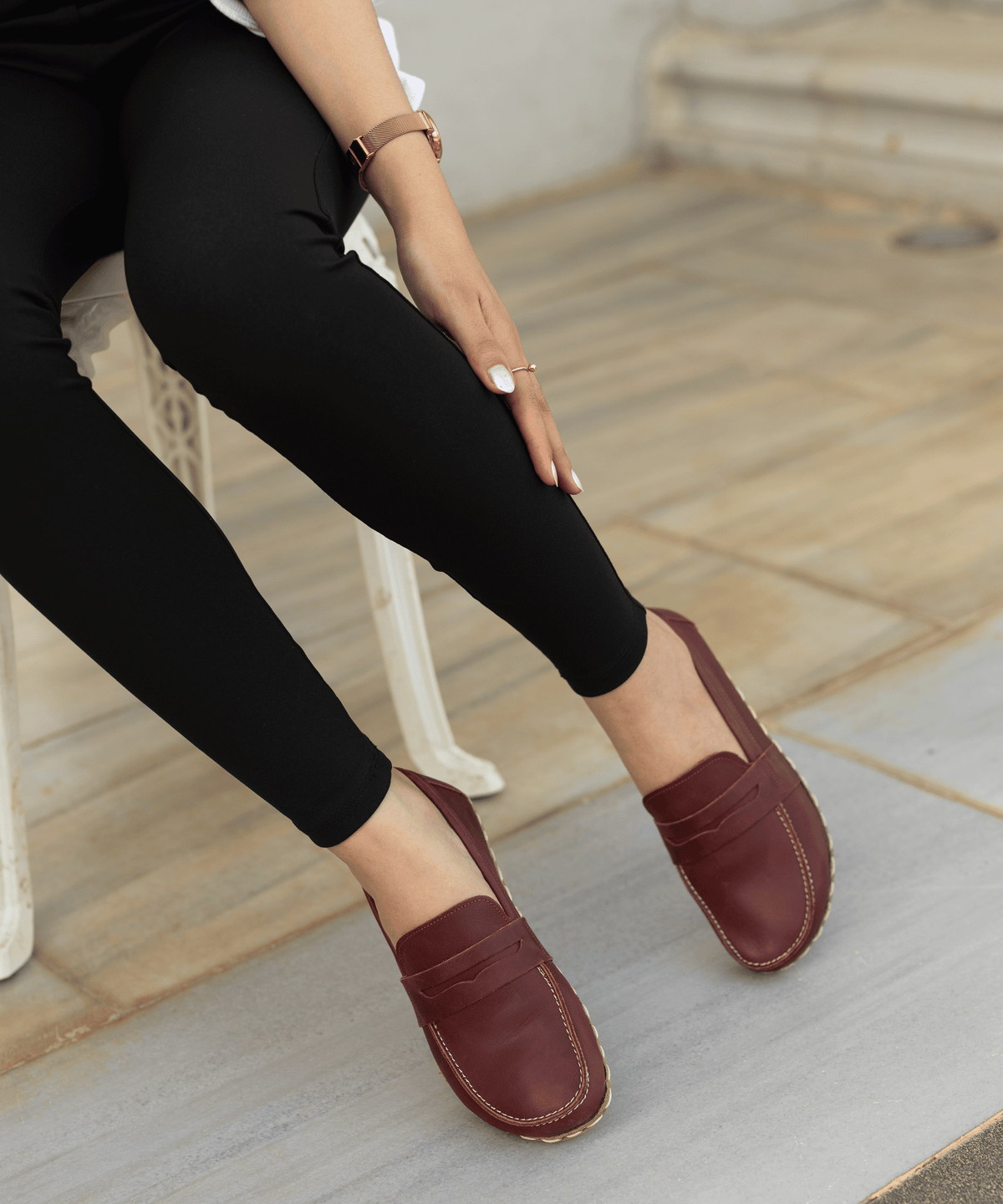 Burgundy barefoot penny loafer for women — buffalo leather sole with copper grounding rivet