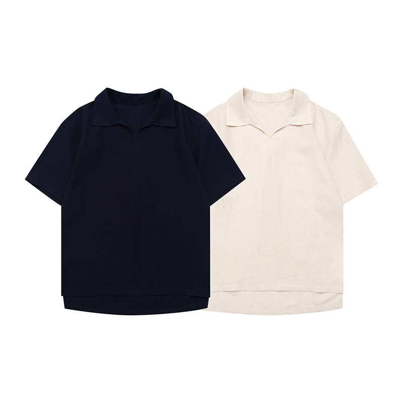Solid Color Preppy Loose Casual Linen  Polo Short Sleeve Men